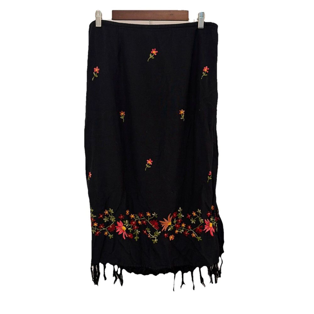 Vintage Floral Embroidered Fringe Hem Linen Blend Black Midi Skirt 14/16 Boho